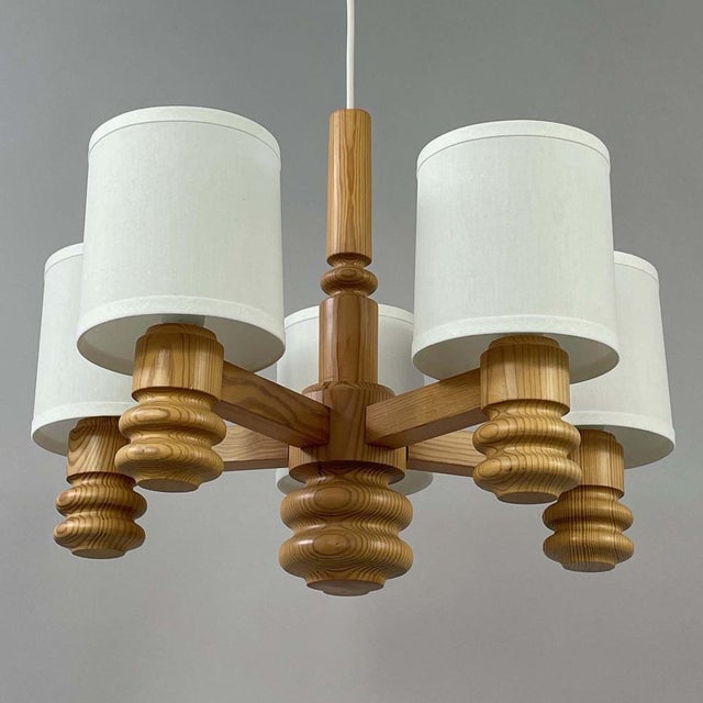 Scandinavian Pine & Fabric 5-Light Chandelier, Sweden, 1970s For Sale - Image 14 of 17