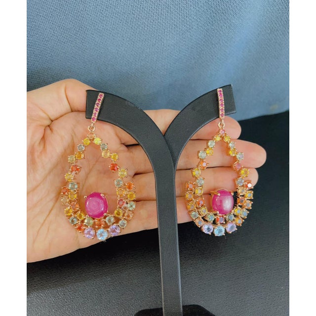 Bochic “Capri” Vintage Ruby & Multi Fancy Sapphire Earrings-18K Gold & Silver For Sale - Image 12 of 17