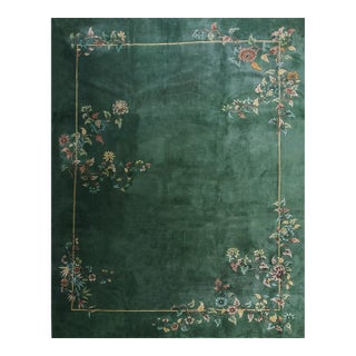 1930s Solid Green Field Floral Antique Chinese Art Deco Carpet Rug For Sale