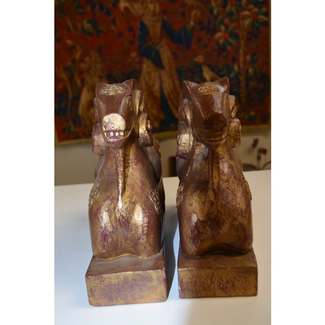 Pair Carved Wood Seated Rams Gold / Burgundy Wash For Sale - Image 10 of 14