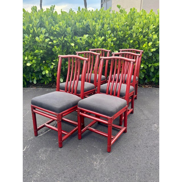 Late 20th Century Vintage McGuire Red Rattan Chinese Officials Hat Dining Chairs, Set of 6 For Sale - Image 5 of 9