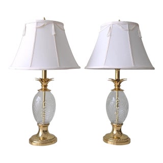 Contemporary Hollywood Regency Gold Pinapple & Cut Glass Table Lamps, a Pair For Sale