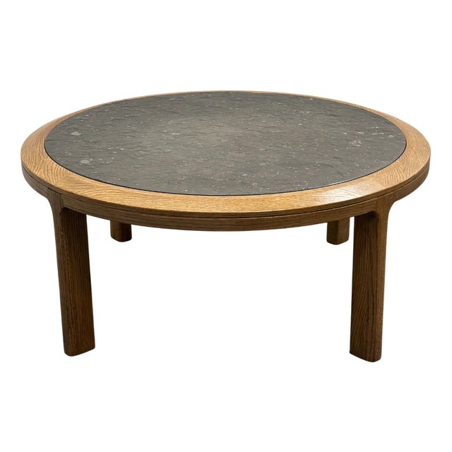 Vintage Round Textured Slate and Oak Coffee Table, 1970s For Sale