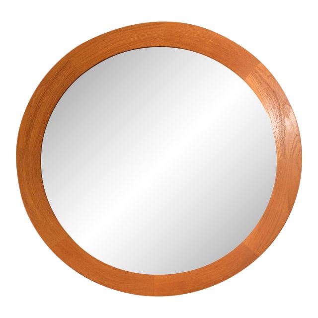 Danish Modern Solid Teak Round Wall Hanging Mirror For Sale