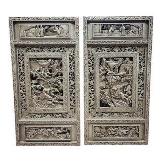Antique Chinese Carved Red Lacquer Panels – Battle & Court Scenes With Later Silver Finish – Pair For Sale