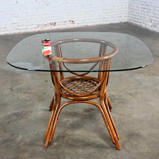 Wood Late 20th Century Coastal Island Style or Hollywood Regency Rattan Glass Top Dining or Game Table For Sale - Image 7 of 12