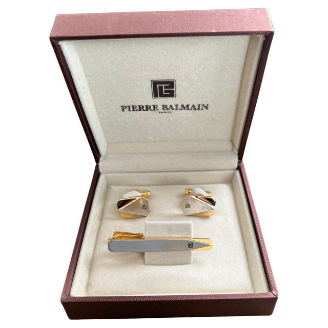 Rare Vintage Balmain 1980s Cufflinks & Tie Bar In Original Champagne Velvet Case For Sale - Image 15 of 18