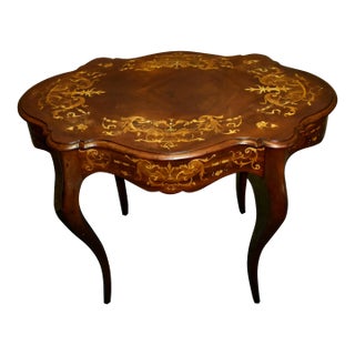 Inlaid Mahogany Table Renaissance Revival Turtle Top Parlor 1900s Victorian For Sale