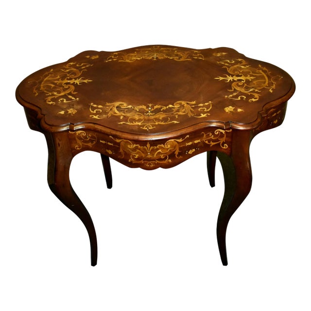 Inlaid Mahogany Table Renaissance Revival Turtle Top Parlor 1900s Victorian For Sale