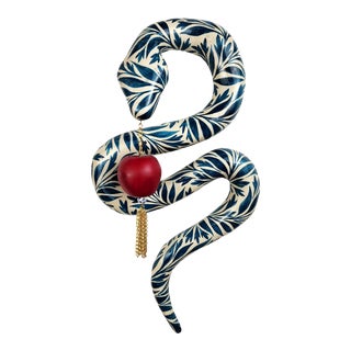 Paige Barnes Dorsey Blue and White Garden Snake With Apple For Sale