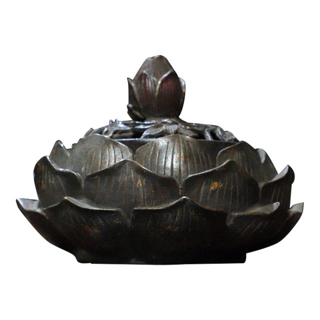 Bronze Lotus Incense Burner With Bud Finial — Gilded Accents, Tripod Form For Sale