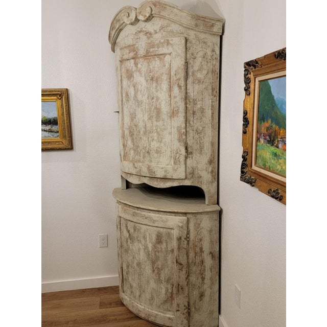Antique Swedish Corner Cabinet in Gustavian Style With Swans-Neck Style Top For Sale - Image 13 of 14