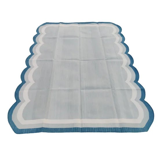 Handmade Cotton Vegetable Dyed Scalloped Edge Rug in Gray With Cream and Teal Blue Border - 5x7 For Sale - Image 11 of 11