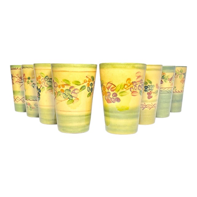 Terre E Provence 8 Yellow & Green Ceramic Tumbler Drinking Glasses For Sale