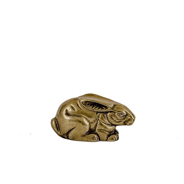 Vintage Mid-Century Modern Brass Rabbit Figurine Paper Weight It features a crouching, realistic silhouette with heavy...