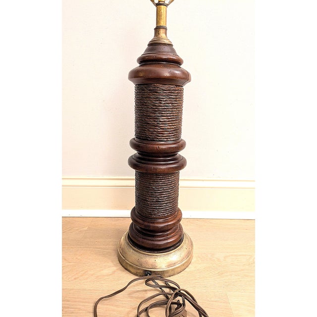 Vintage Turned Wood Column Lamp With Rush Accent 70s For Sale - Image 4 of 9