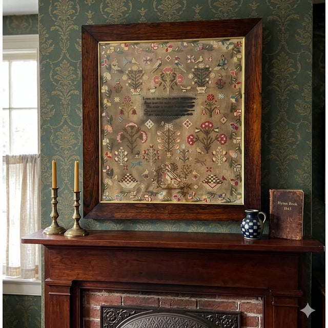 1843 American Pictorial Folk Art Needlework Sampler in 1840s Flame Grain Veneer Frame For Sale In Philadelphia - Image 6 of 10