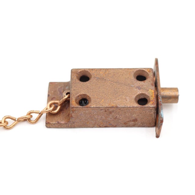 Metal Olde New Brass Plated Steel Spring Bolt Cabinet Latch With Chain For Sale - Image 7 of 8