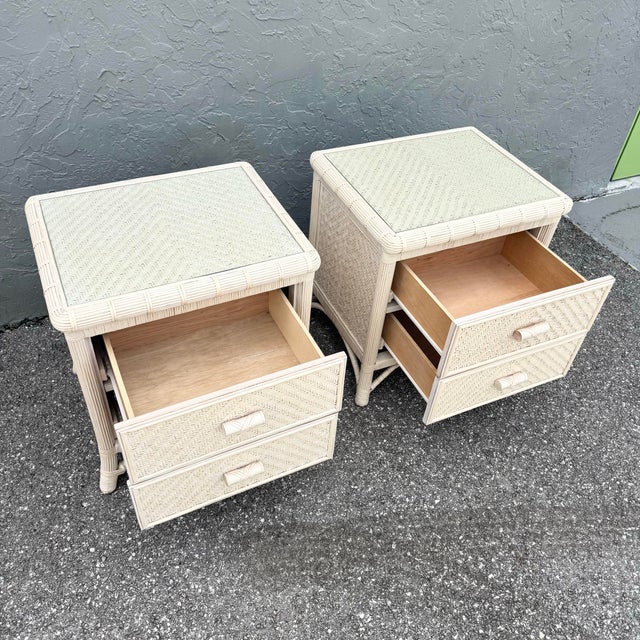 Boho Chic Boho Chic Wicker Glass Top Nightstands - A Pair For Sale - Image 3 of 8