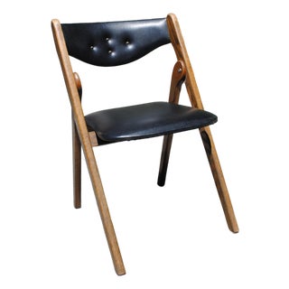 Mid Century Modern Willkie Folding Accent Chair - Black Vinyl - Oak For Sale