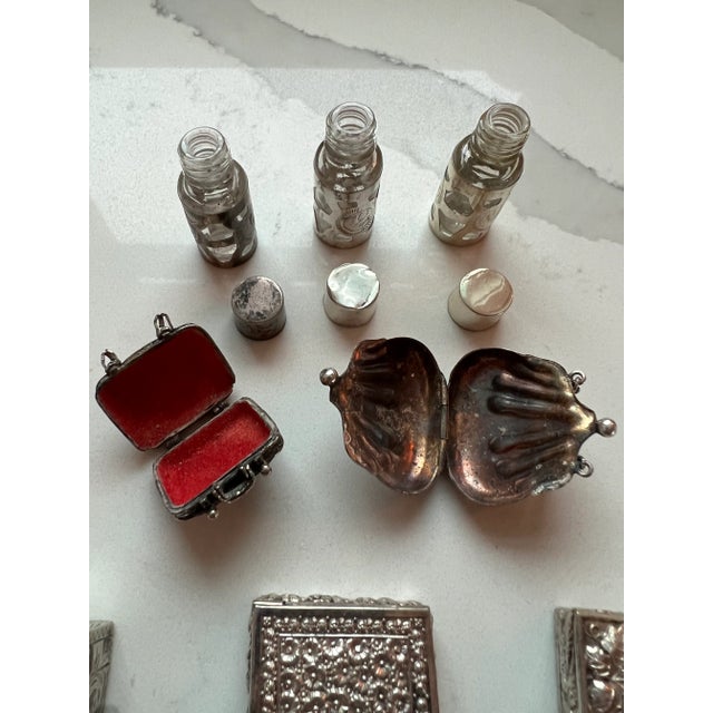 Large Collection of Antique Silver Makeup, Lipstick, Snuff and Pill Boxes With Perfume Bottles For Sale - Image 11 of 13