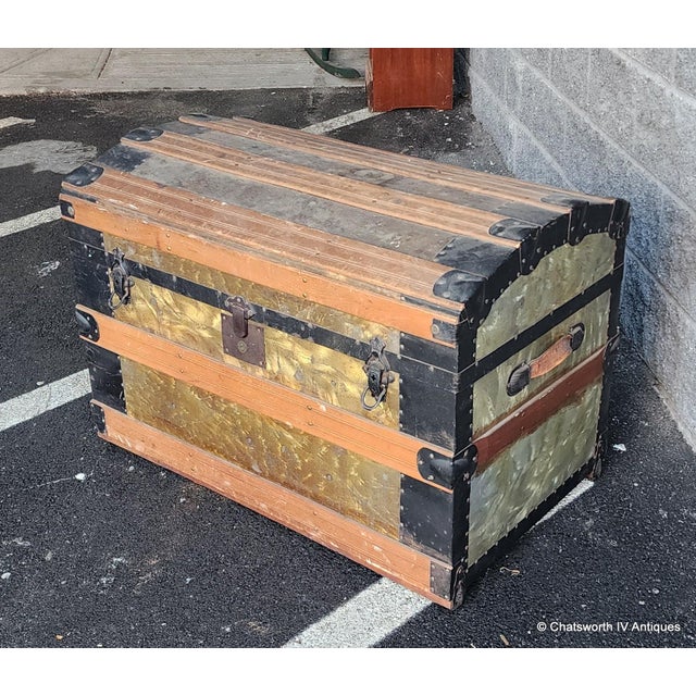 Antique Victorian Era Metal & Wooden Strap Steamer Dome Top Travel Trunk Chest , 1890s For Sale In New York - Image 6 of 12