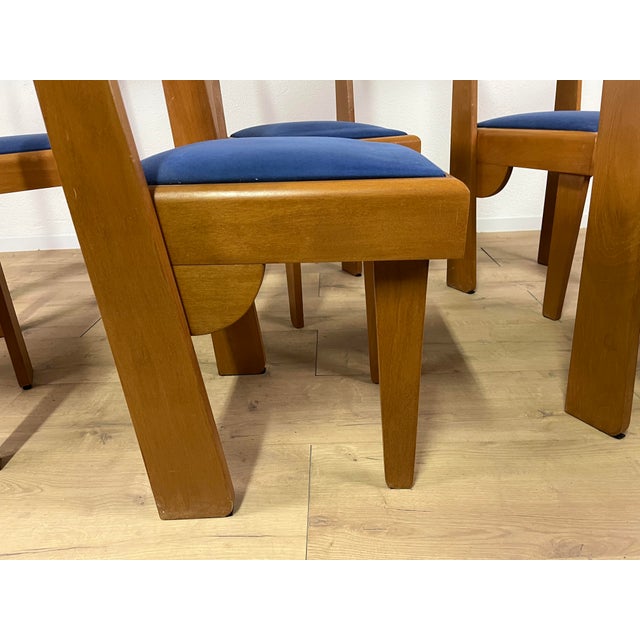1980s Vintage Chairs in Wood and Blue Velvet, 1980s, Set of 6 For Sale - Image 5 of 9