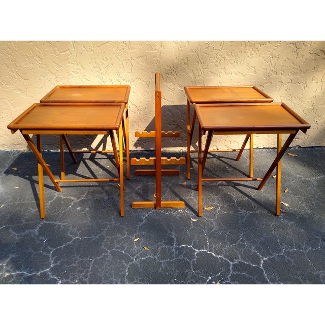 Teak Tv Folding Tray Tables With Rack Set of 5 Chairish