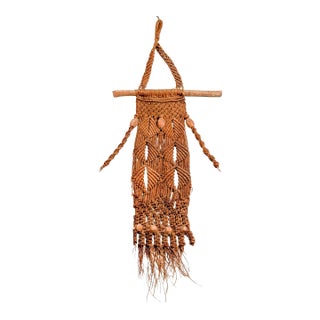 Large Vintage 1970s Macramé Fiber Art Wall Hanging – Natural Brown Textile Sculpture With Wood Beads For Sale