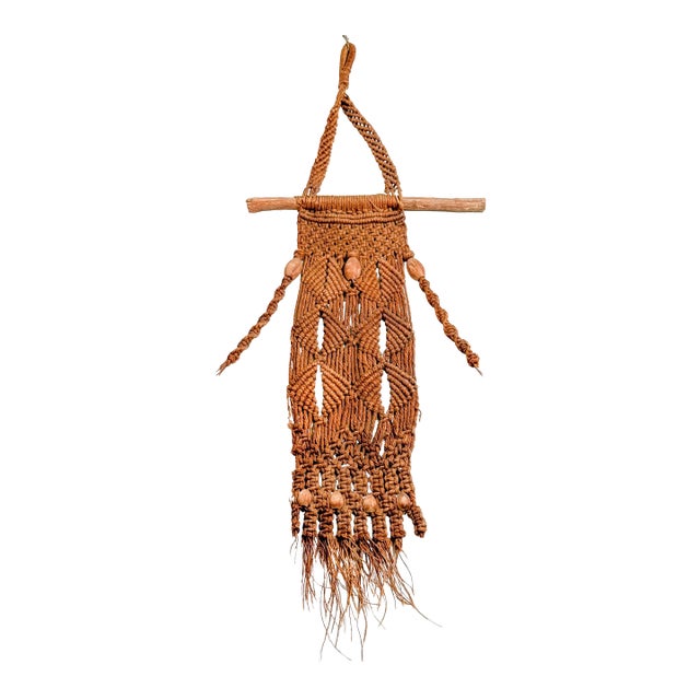 Large Vintage 1970s Macramé Fiber Art Wall Hanging – Natural Brown Textile Sculpture With Wood Beads For Sale