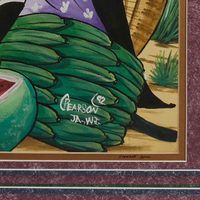 Textile Vintage Jamaican Folk Art Painting of a Market With Figures and Fruit by C. Pearson For Sale - Image 7 of 10