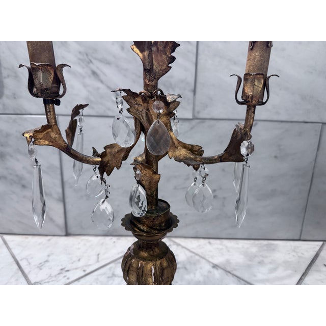 French Mid 20th Century Italian Style Gilt Wood and Tole Three Light Candelabra For Sale - Image 3 of 10
