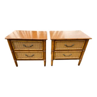 Vintage Dixie Faux Bamboo and Wicker Two Drawer Nightstands or Side Tables - a Pair For Sale