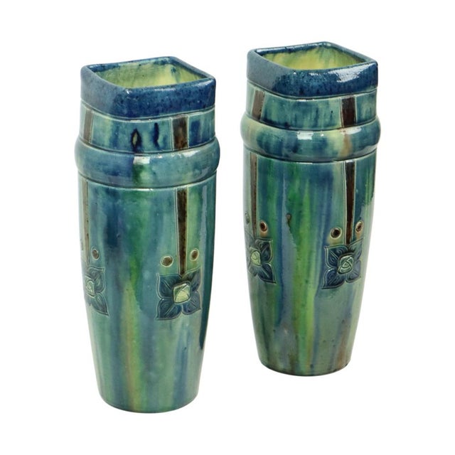 Pair of antique Art Nouveau vases made of blue and green glazed majolica earthenware, better known as Flemish earthenware,...