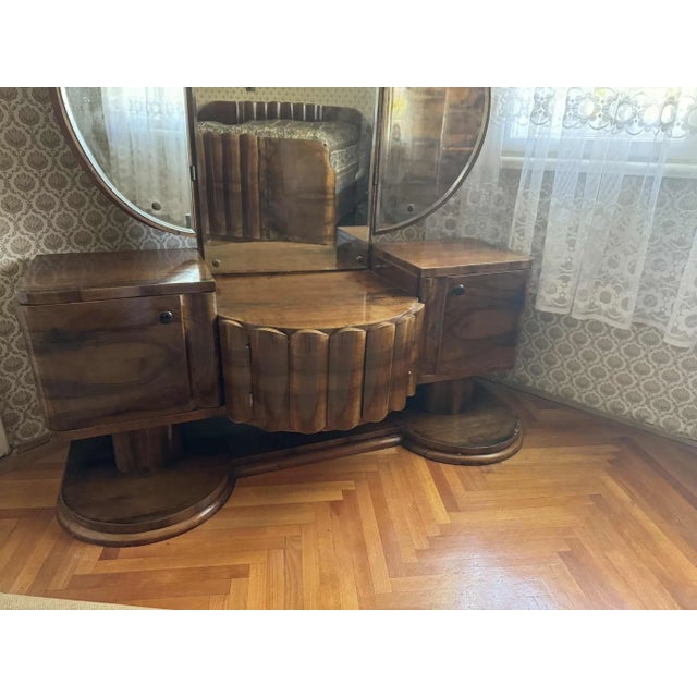 Art Deco Walnut Vanity Table with Triptych Mirror, 1930s For Sale - Image 6 of 7