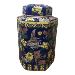 Mid 20th Century Chinese Porcelain Hexagonal Imperial Yellow Glazed Jar Hand Painted