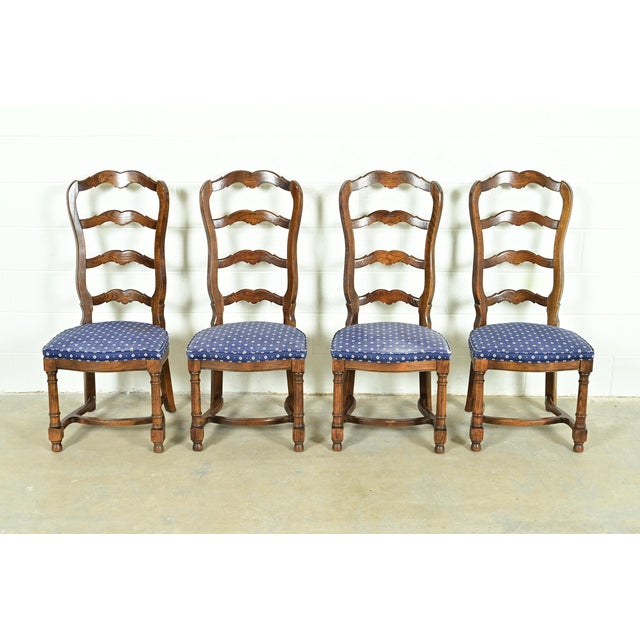 French Provincial Century Furniture French Country Carved Solid Oak Ladder Back Dining Chairs, Set of Four For Sale - Image 3 of 12
