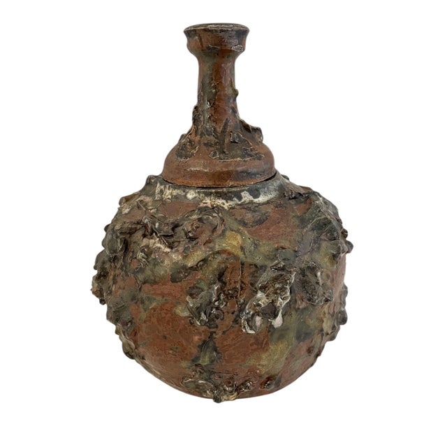 Brutalist Brutalist Studio Green & Brown Textured Ceramic Large Urn With Lid. Signed For Sale - Image 3 of 7