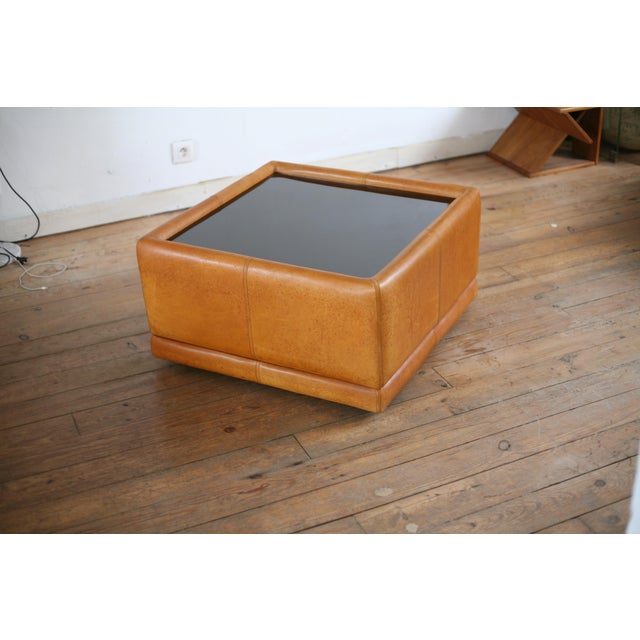 Vintage Coffee Table in Leather and Black Glass, 1970s For Sale - Image 14 of 16