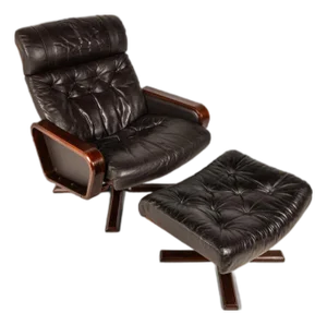 Scandinavian Modern Recliner High-Back Lounge Chair & Ottoman Attributed Soda Galvano for Vatne Mobler, Norway, C. 1970s