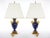 porcelain and hand gilt gold decorated urn shape vase pair table lamp. Each lamp features on one side a painted pastoral...