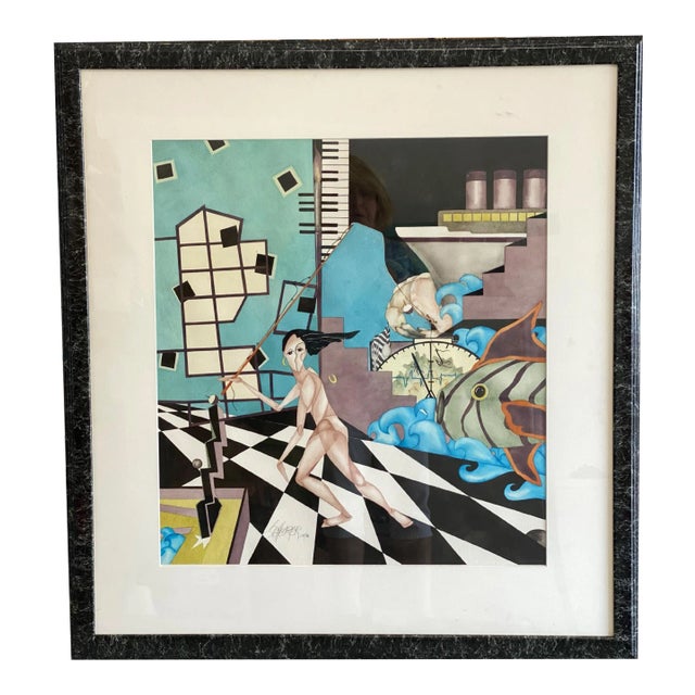 1987 Surrealist Watercolor Painting Signed Scheurer For Sale