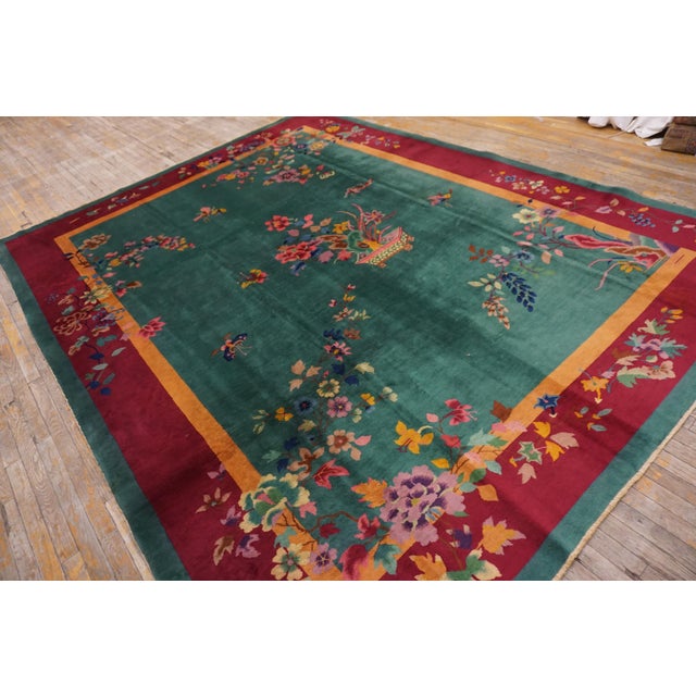 Art Deco 1920s Green Floral Antique Chinese Art Deco Rug 9' X 11'8" Handknotted Wool Carpet For Sale - Image 3 of 13
