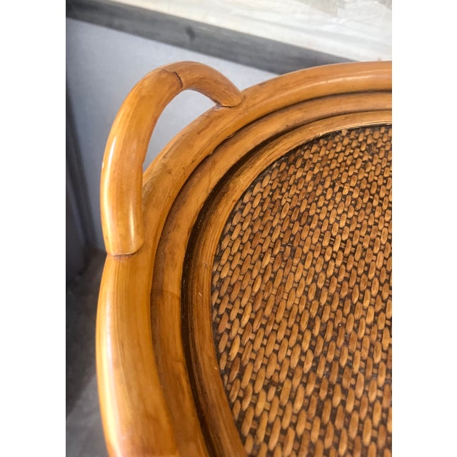 Wood Vintage McGuire Style Bentwood Rattan Bamboo Serving Table / Bar Cart With Removable Tray For Sale - Image 7 of 15