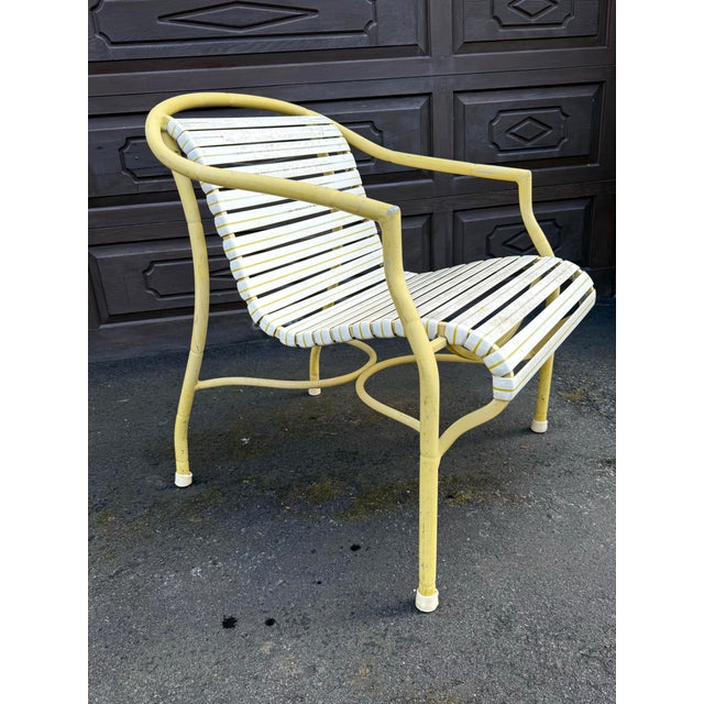 Vintage MCM Yellow Aluminum Patio Chairs Set of 4 White Vinyl Strap Retro For Sale - Image 4 of 8