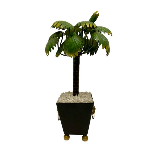 Hollywood Regency Vintage Hollywood Regency. Metal Petite Potted Palm Tree With Lions Head For Sale - Image 3 of 6