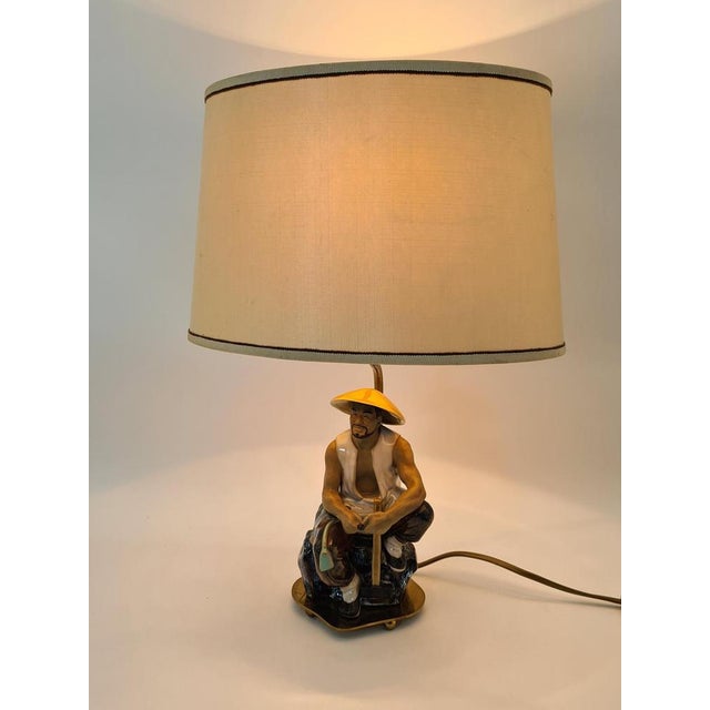 Metal Ceramic Table Lamp with Fisherman Figurine, 1960s-1970s For Sale - Image 7 of 16