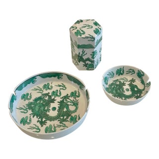 Vintage Japanese Green Dragon Porcelain Ashtrays & Holder Set - 3pc. Set For Sale