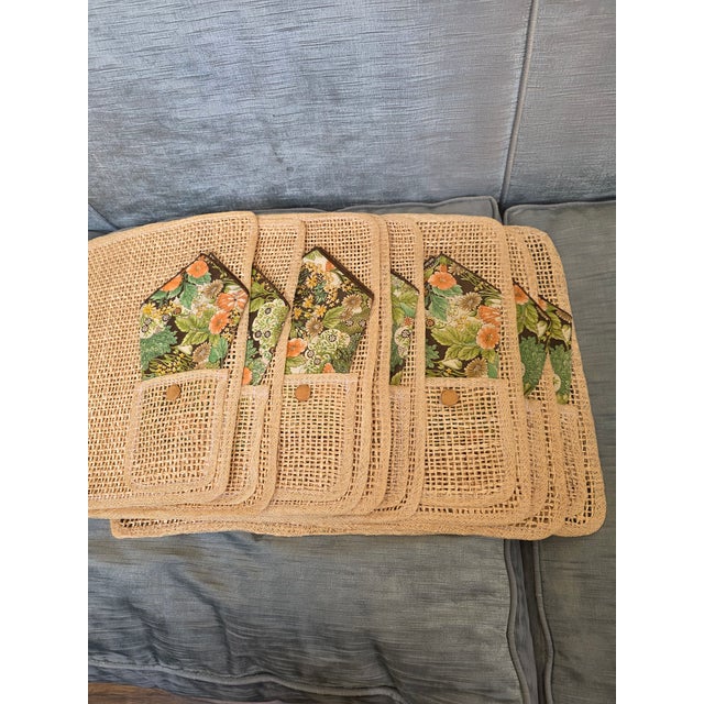 Boho Chic Vintage Rattan Placemats With Napkins For Sale - Image 3 of 12