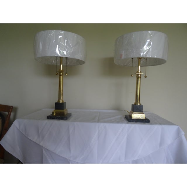 A Classic pair of chapman style column lamps with new shades and double sockets. great quality